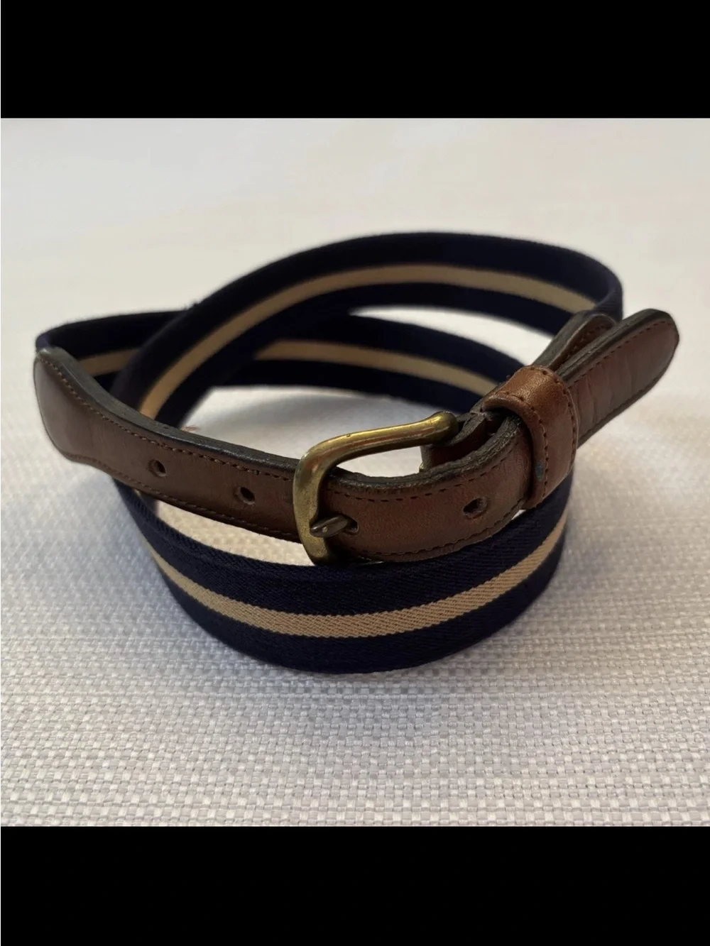 COACH Navy Blue & Beige Strip Women Size 30 Cotton & Leather Surcingle Belt 75cm